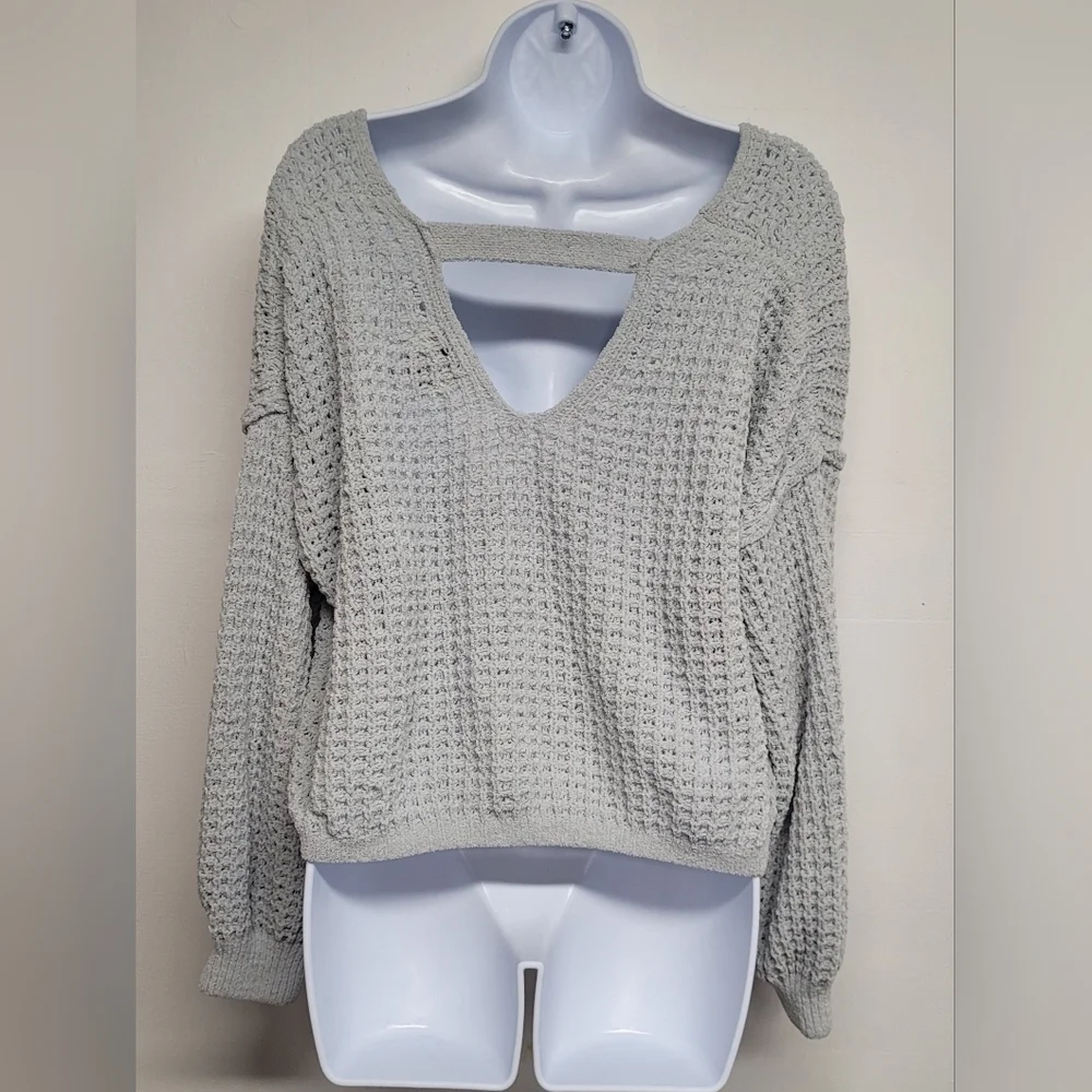 Pink Rose Grey Chunky Slouchy Knit Cropped Sweater Long Sleeve M - Picture 2 of 4